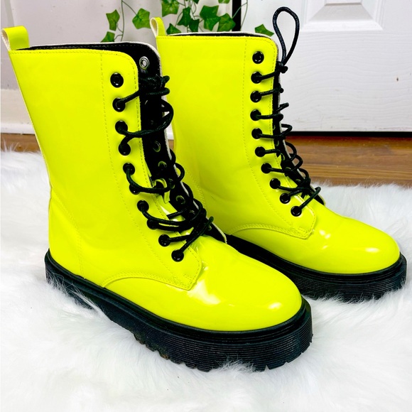 Charlotte Russe Shoes - Y2K Charlotte Russe NWT Neon Yellow Green PU Lace Up Combat Platform Boots 7